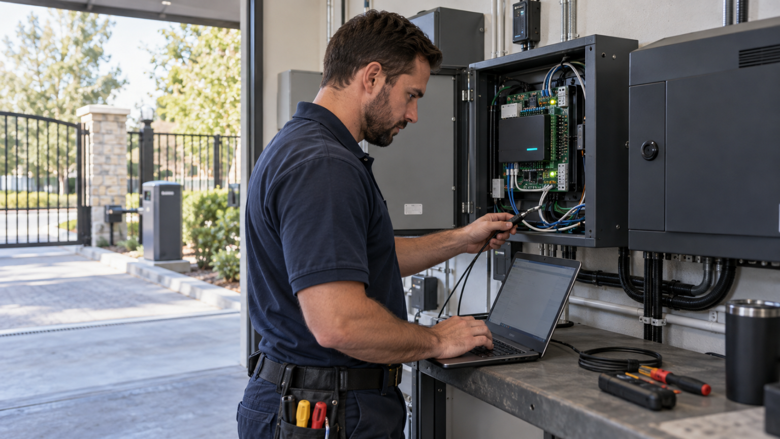 An access-control technician commissioning a Sentry integration at a gated property